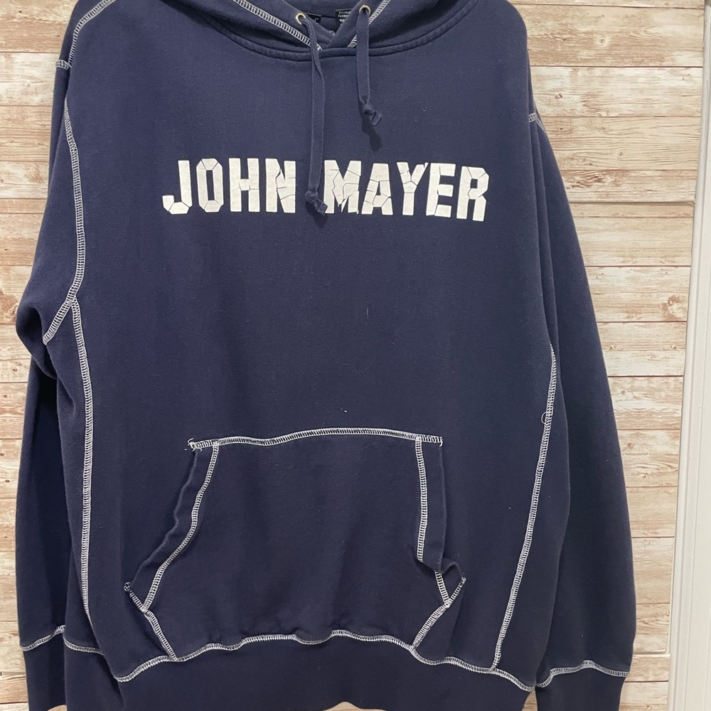 Rare Alternative Apparel John Mayer Navy Hoodie with distressed lettering. XL
